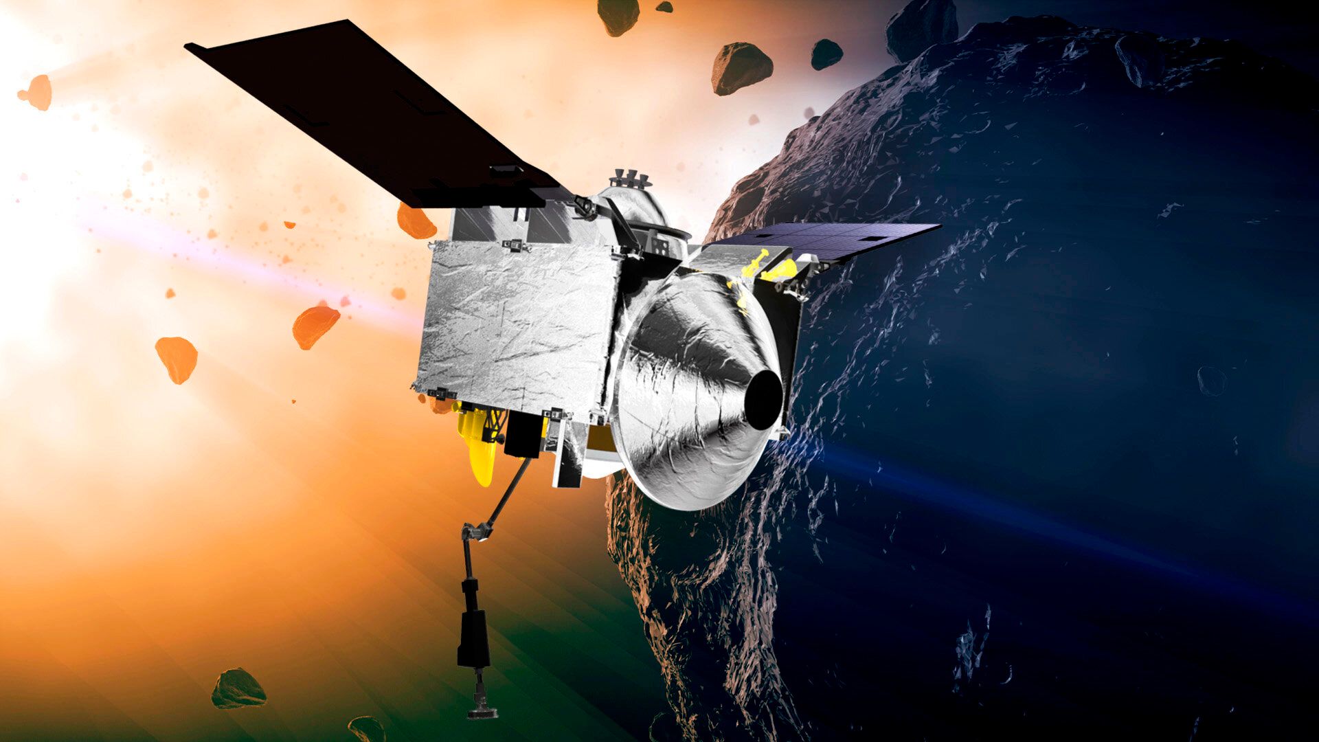 Une illustration fournie par la NASA montrent la sonde Osiris-Rex autour de l'astéroïde Bennu...