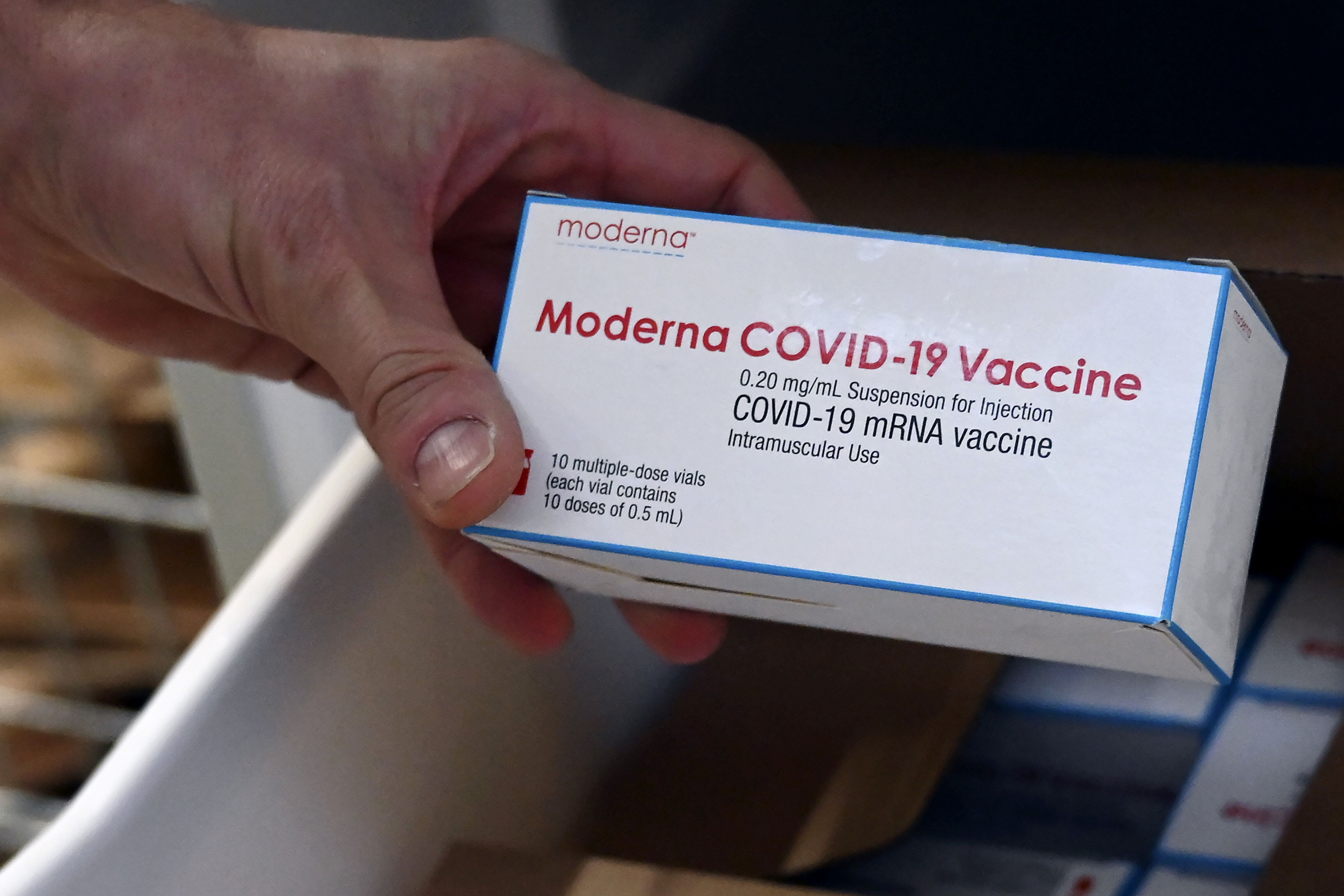 Une boîte de vaccin anti-Covid Moderna, au CHU de Strasbourg, le 14 janvier
