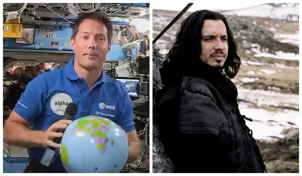 A droite : Thomas Pesquet à bord de l'ISS, le 30 avril 2021. A gauche : Alexandre Astier lors du tournage...