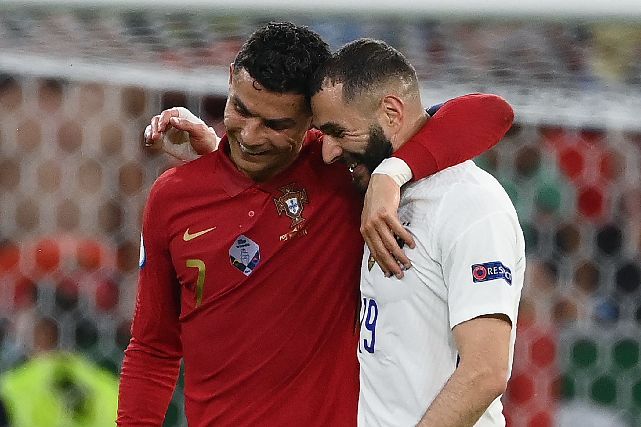Cristiano Ronaldo et Karim Benzema lors de France-Portugal, à Budapest en Hongrie, le 23 juin