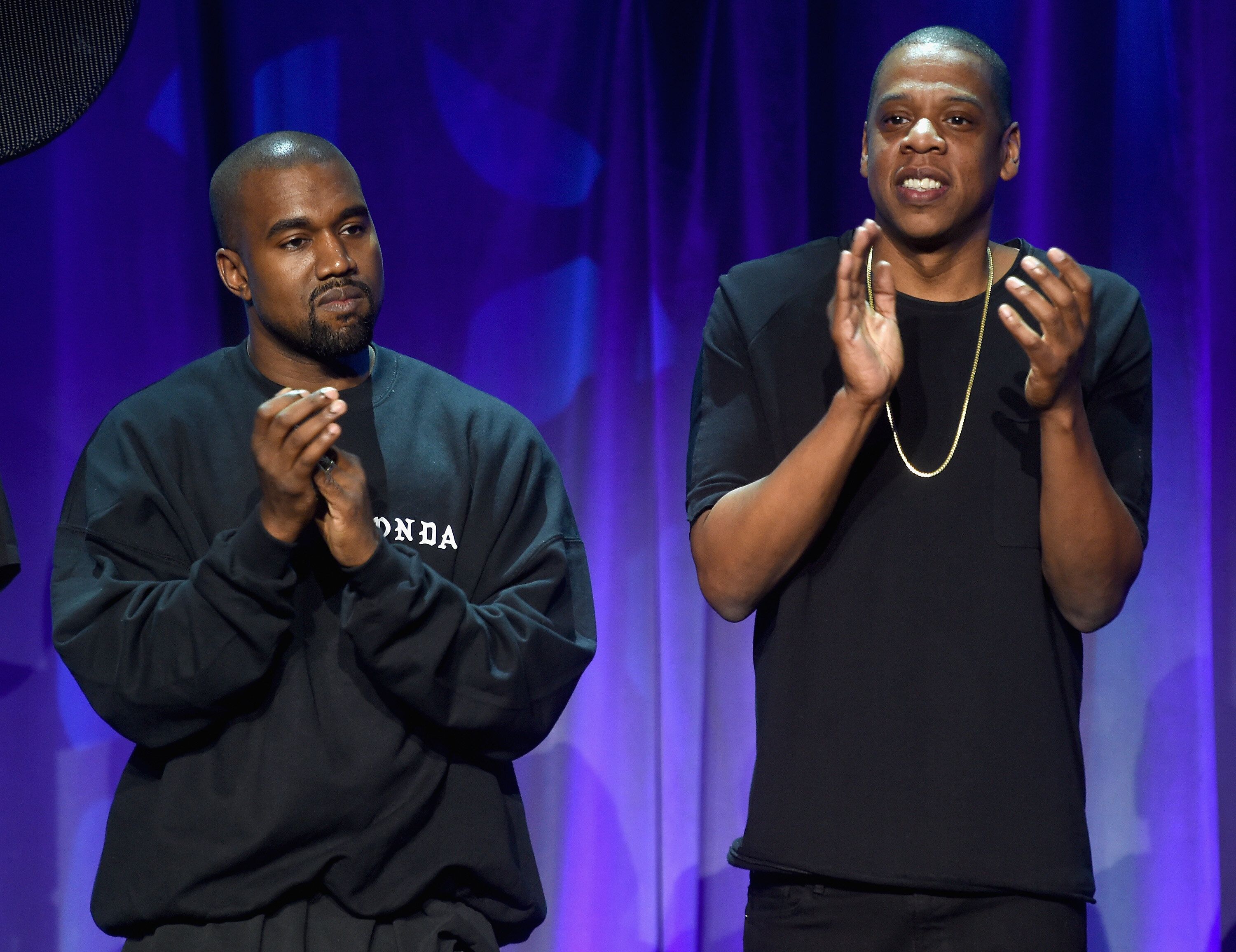 Kanye West et Jay-Z sur la scène de l'évènement #TIDALforALL le 30 mars 2015 à...