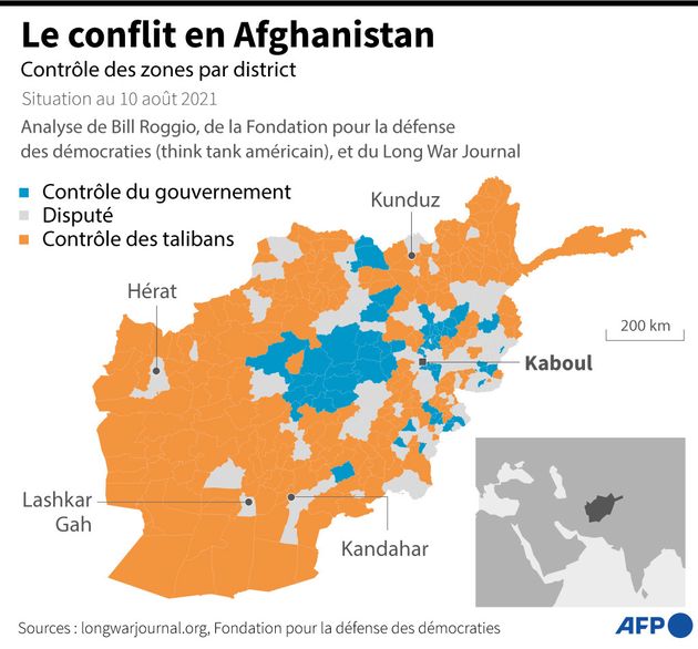 Carte des zones de l'Afghanistan actuellement sous contrôle du gouvernement, disputées ou sous contrôle...