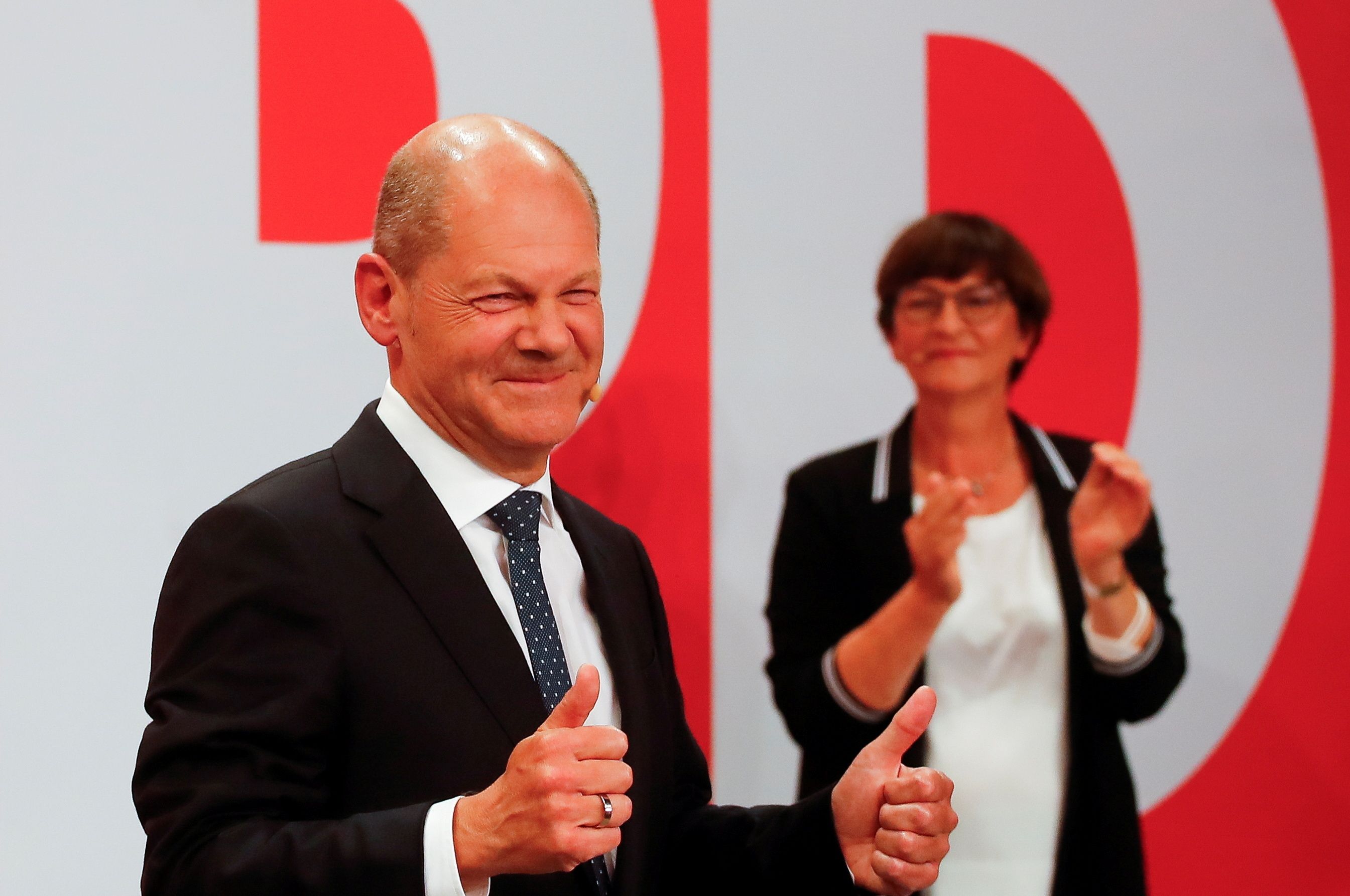 Le leader du SPD et candidat à la chancellerie Olaf Scholz après les élections fédérales en Allemagne,...