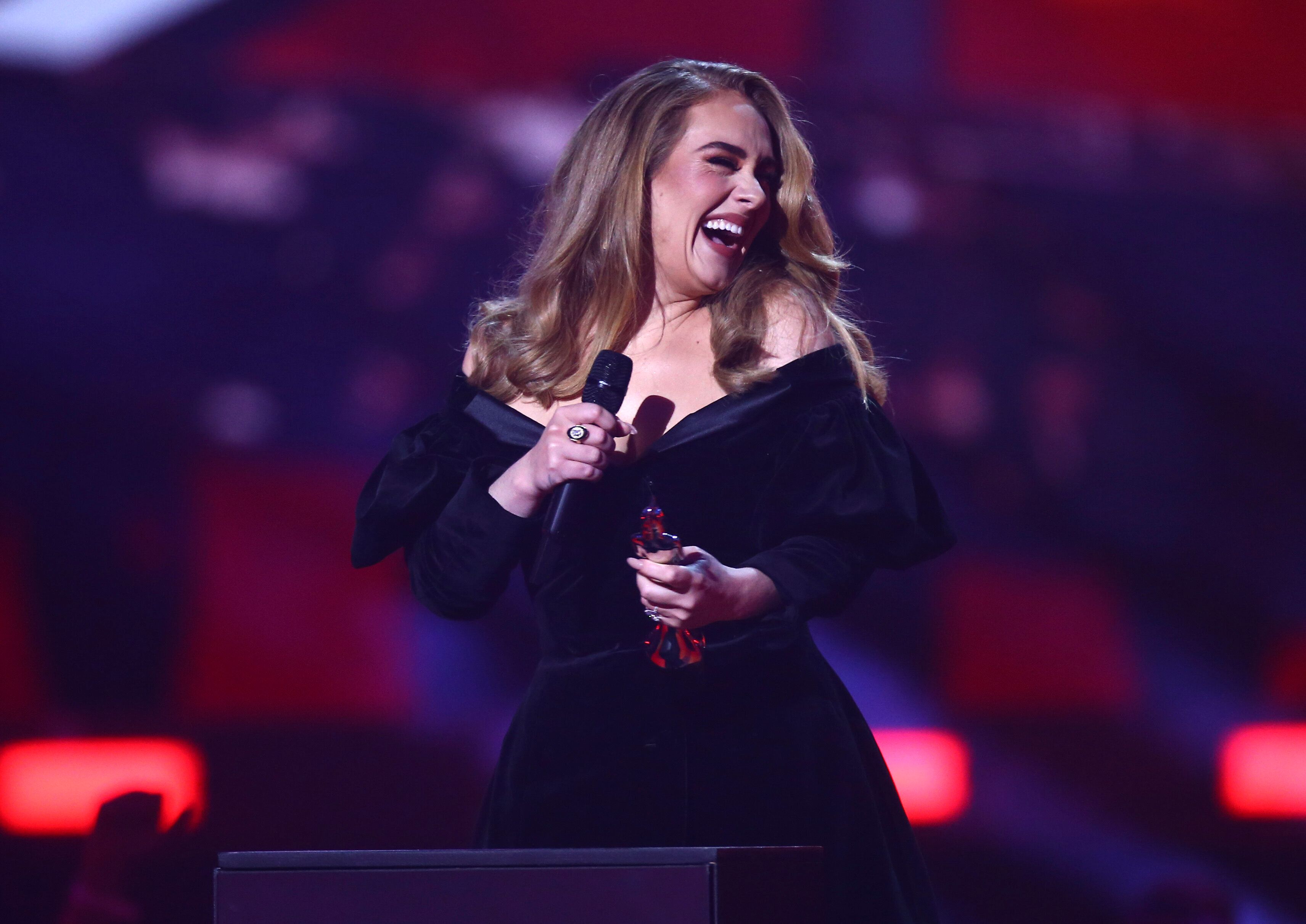 Adele on stage to accept the award for Album of the Year at the Brit Awards 2022 in London Tuesday, Feb....
