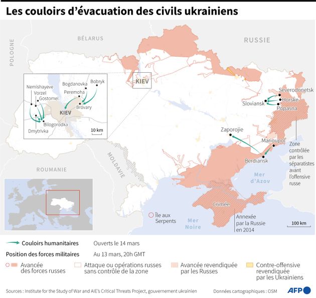 Carte d'Ukraine situant les couloirs humanitaires convenus entre l'Ukraine et la Russie pour permettre...