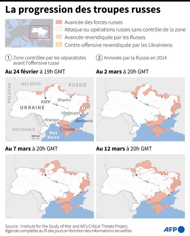 Cartes d'Ukraine comparant les positions des forces militaires au 24 février, 2 mars, 7 mars et 12