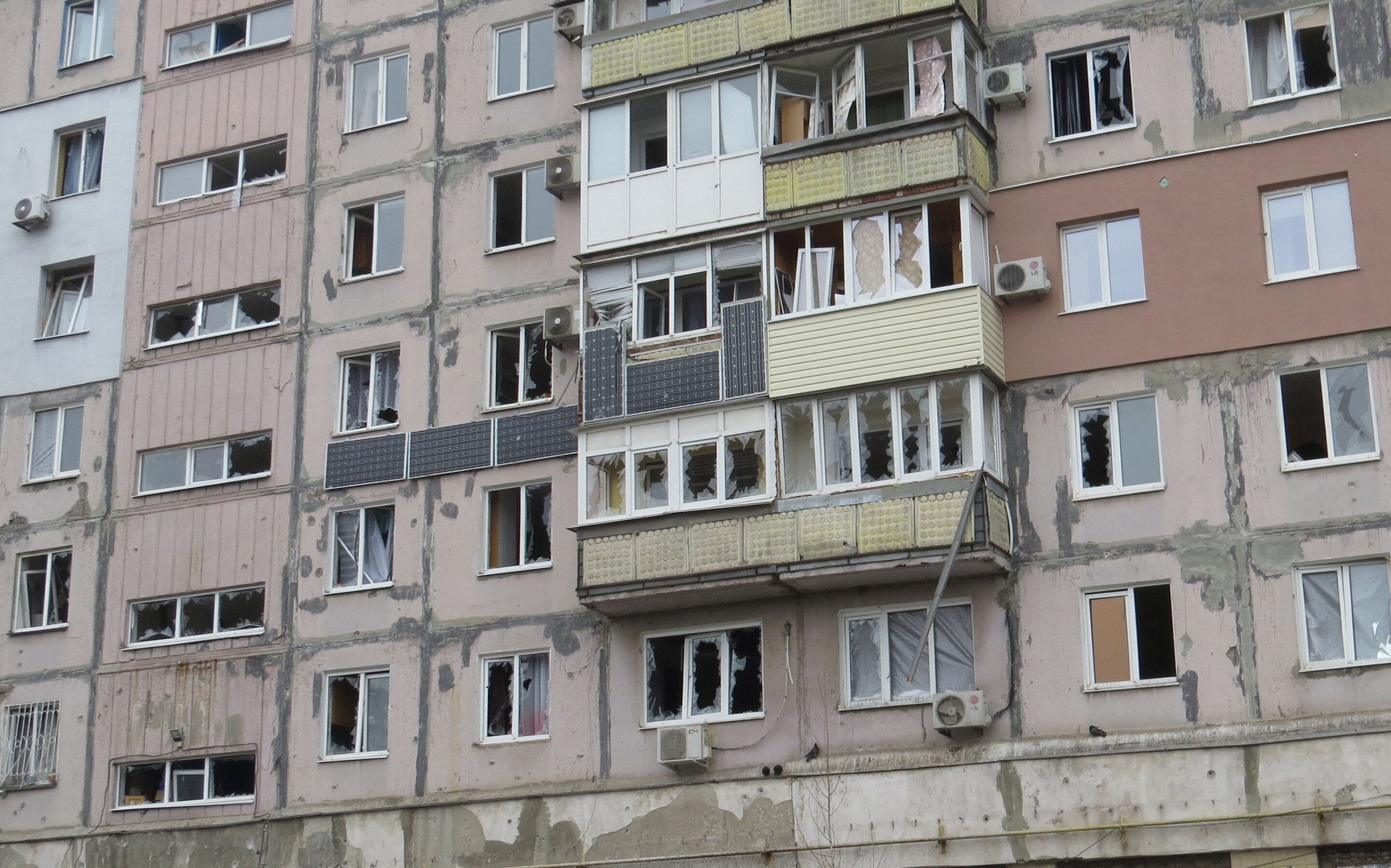 A view shows a residential building, which locals said was damaged by recent shelling, in Mariupol, Ukraine...