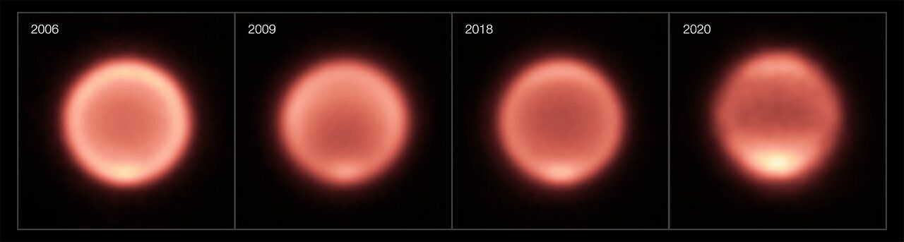 Images thermiques de Neptune prises entre 2006 et 2020, témoignant des surprenantes variations de
