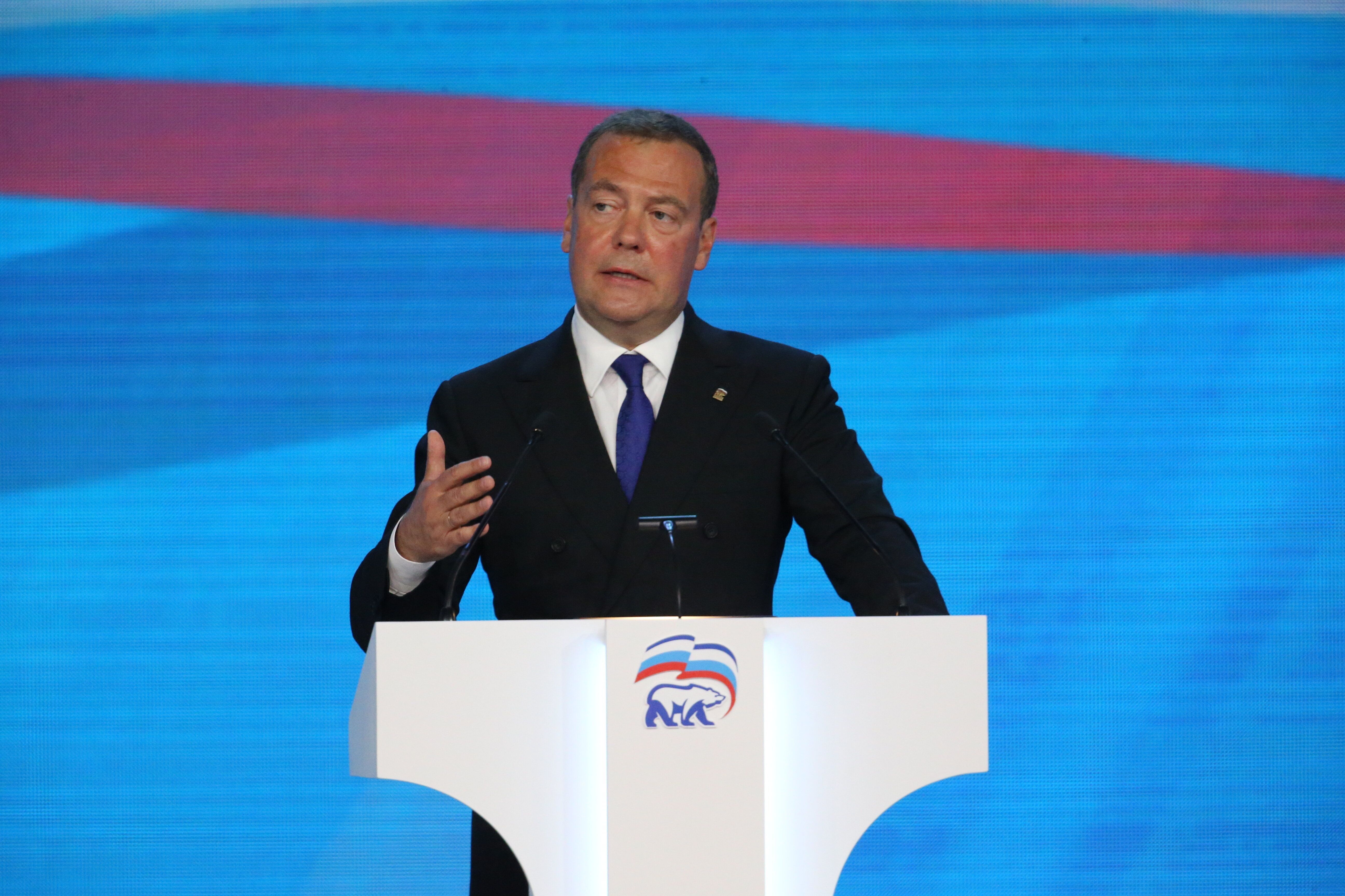 Dmitri Medvedev, ici prononçant un discours lors du Congrès du parti Russie unie à...