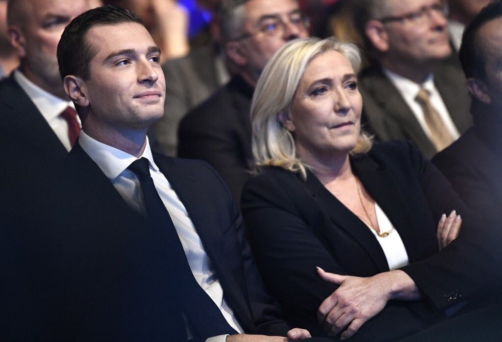 Les cadres du RN Jordan Bardella et Marine Le Pen en février à