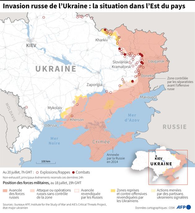 Carte de la situation en Ukraine, au 20 juillet 2022, après 147 jours de
