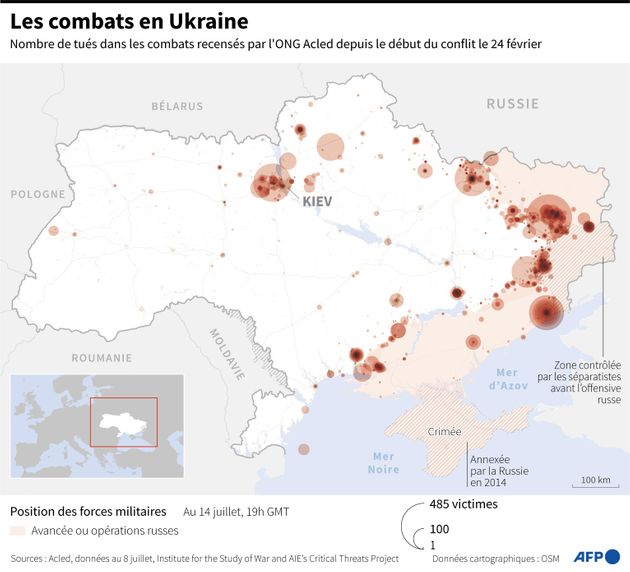 Carte des combats en Ukraine depuis le lancement du conflit en février, avec des données...