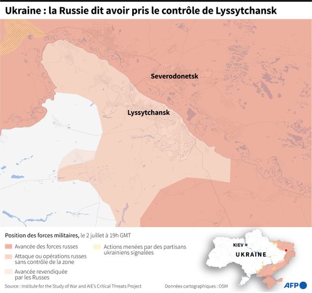 Carte localisant les avancées des forces militaires russes autour de Lyssytchansk, au 2 juillet à 19