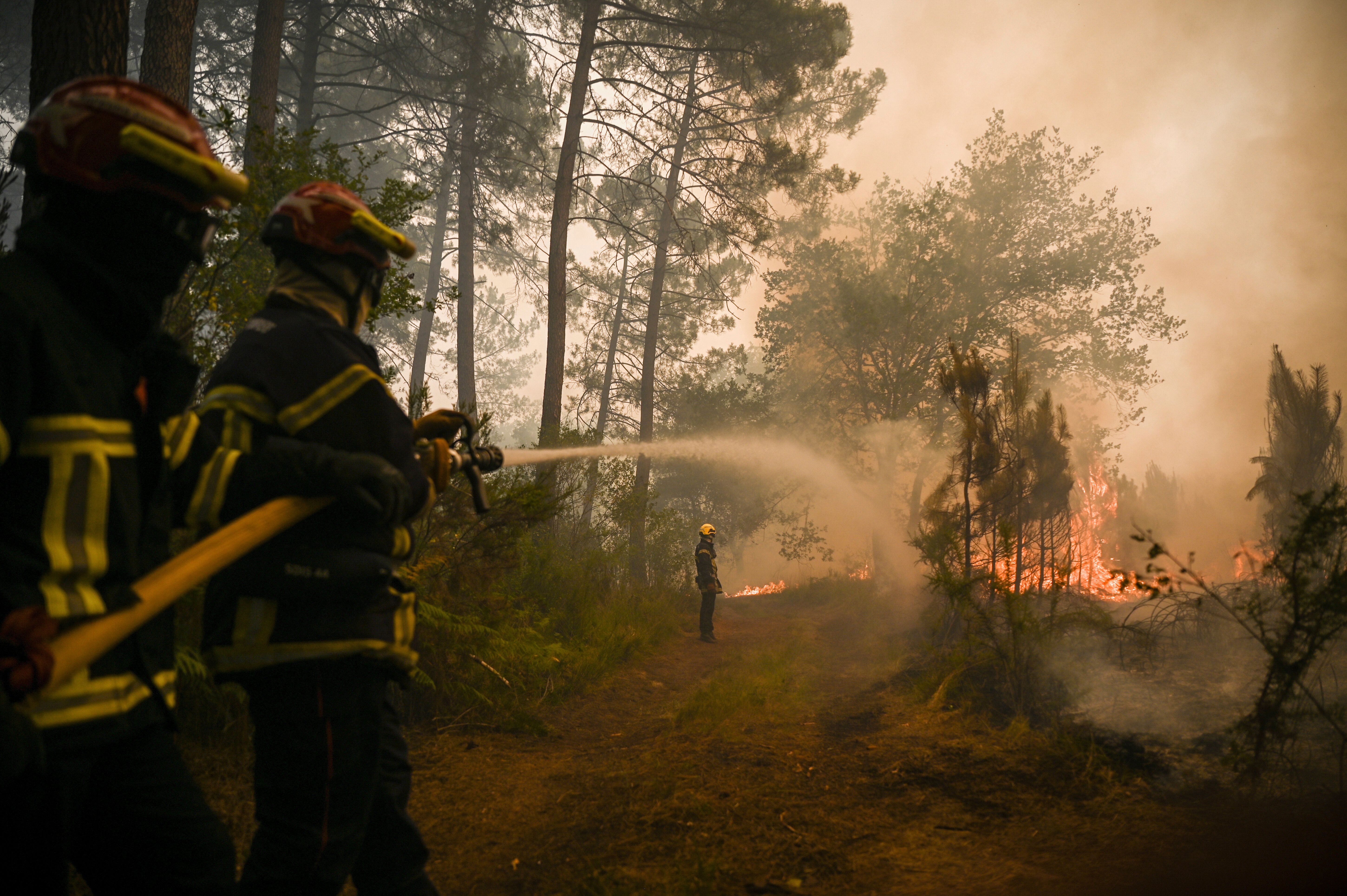 Des pompiers combattant le feu sur la commune de Louchats à l'ouest de Landiras, ce lundi 18