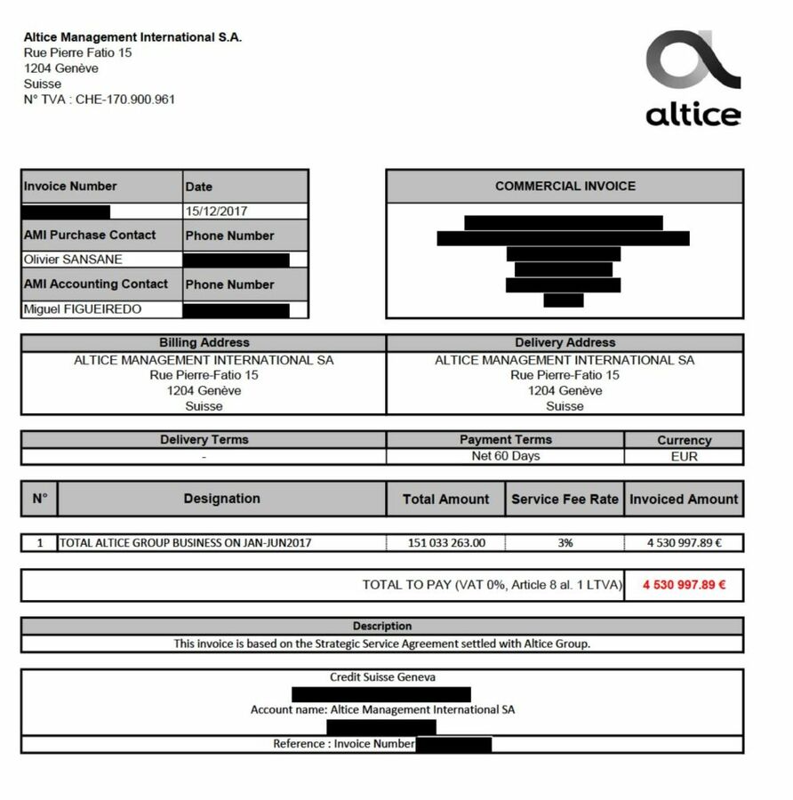 Exemple de facture entre AMI et un fournisseur du groupe - Copie d'écran - © Reflets